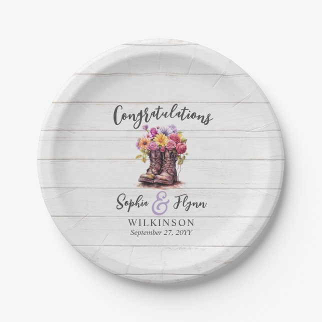 Rustic Wood & Floral Boots Country Farm Wedding Paper Plates (Front)