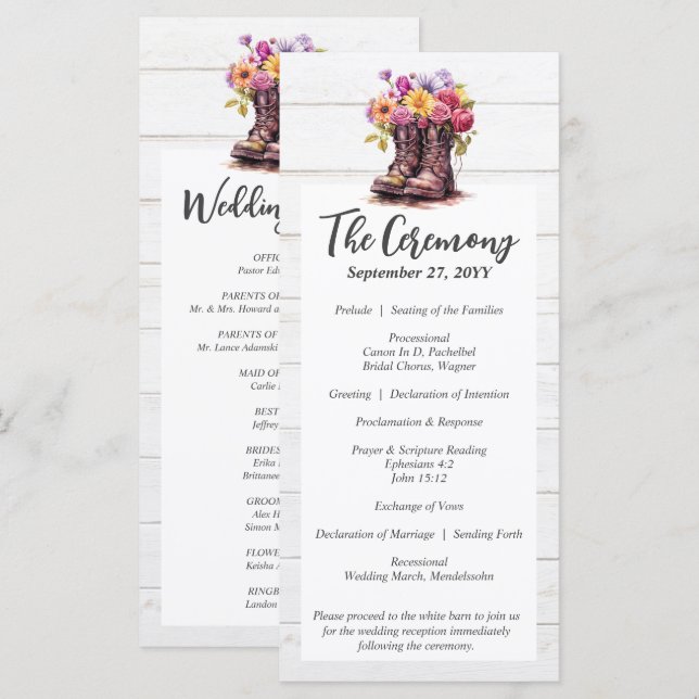 Rustic Wood & Floral Boots Country Farm Wedding Program (Front/Back)