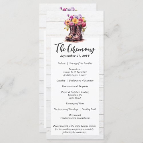 Rustic Wood  Floral Boots Country Farm Wedding Program