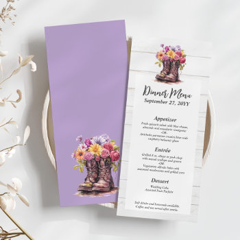 Rustic Wood & Floral Boots Country Wedding Menu by CyanSkyCelebrations at Zazzle