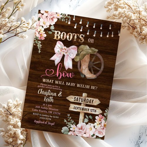 Rustic Wood Floral Boots or Bows Gender Reveal Invitation