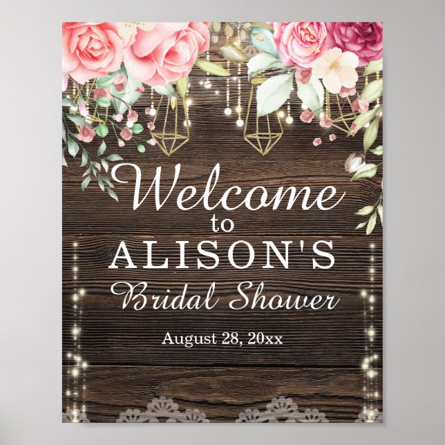 Rustic Wood Floral Bridal Shower Welcome Sign (Front)