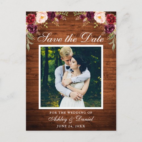 Rustic Wood Floral Burgundy Save the Date Photo Announcement Postcard