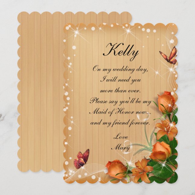 Rustic Wood Floral Butterfly Maid Of Honor Invitation (Front/Back)