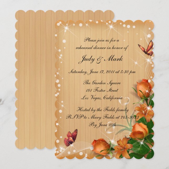 Rustic Wood Floral Butterfly Rehearsal Dinner Invitation (Front/Back)