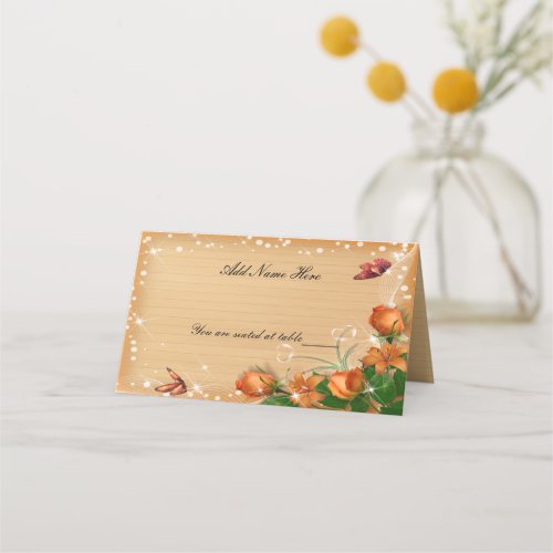 Rustic Wood Floral Butterfly Wedding Folded Table Place Card