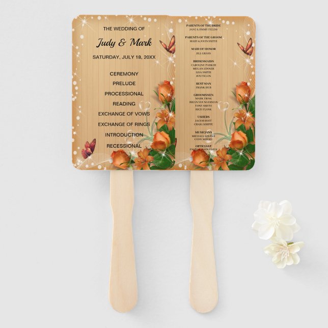 Rustic Wood Floral Butterfly Wedding Program Hand Fan (Front and Back)