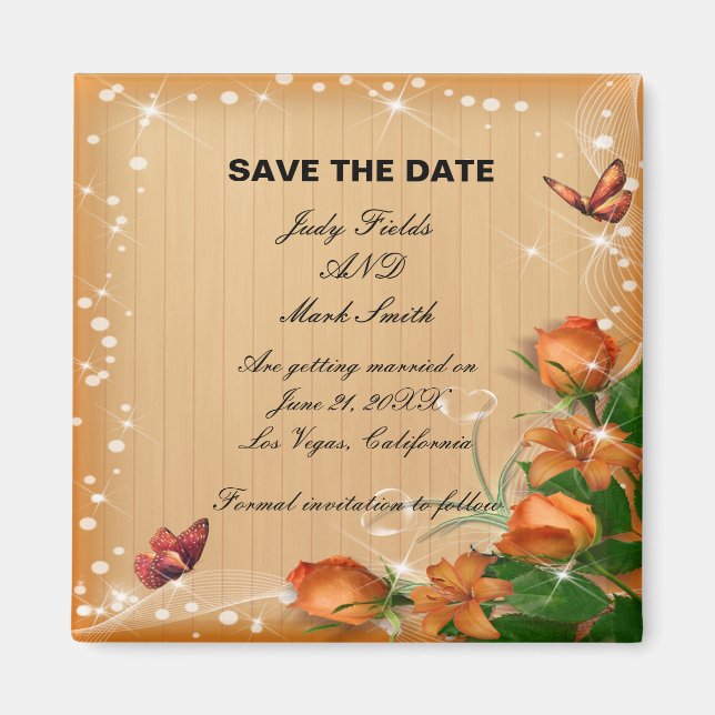 Rustic Wood Floral Butterfly Wedding Save The Date Magnet (Front)