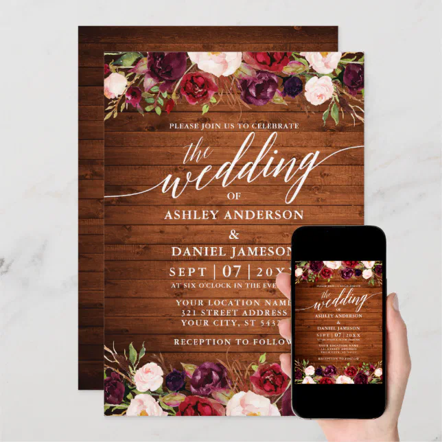 Rustic Wood Floral Calligraphy Photo Wedding Invitation | Zazzle