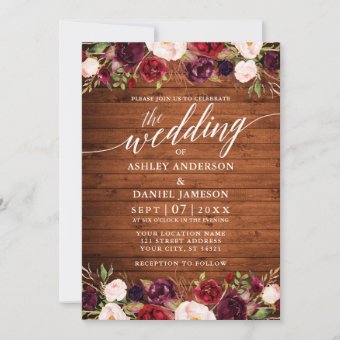 Rustic Wood Floral Calligraphy Photo Wedding Invitation | Zazzle