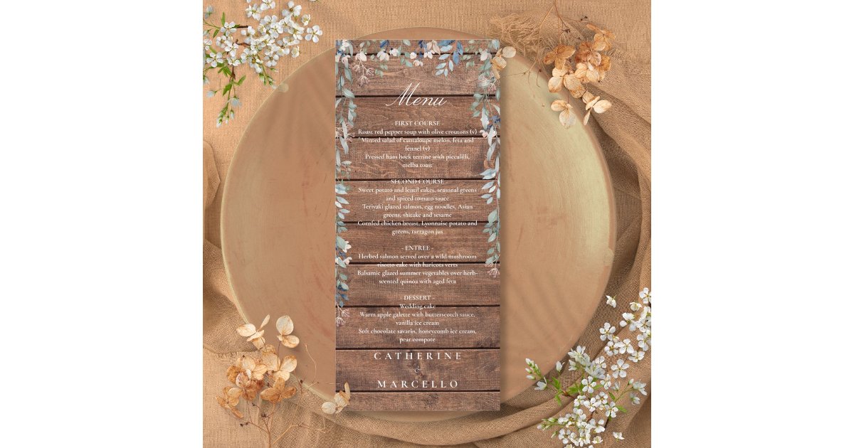 Rustic Wood Floral Cascade Monogram Wedding Dinner Menu | Zazzle