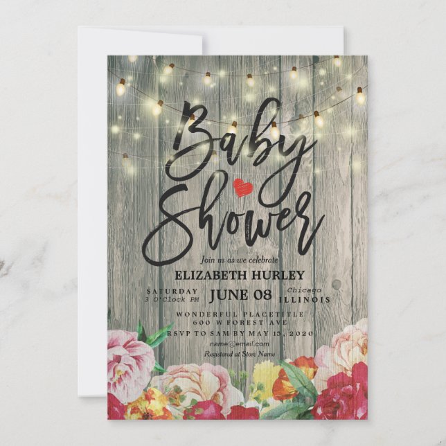 Rustic Wood Floral Chic String Lights Baby Shower Invitation (Front)
