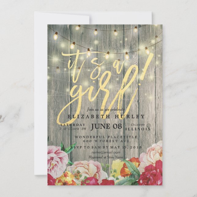 Rustic Wood Floral Chic String Lights Baby Shower Invitation (Front)