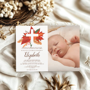 Rustic wood floral christian cross baptism photo invitation
