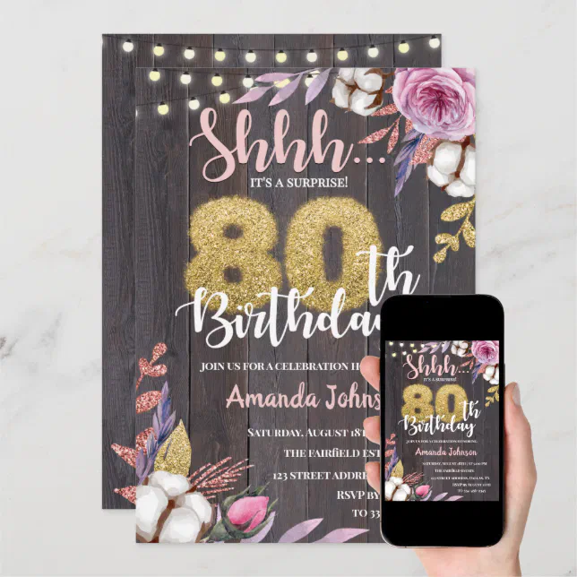 Rustic Wood Floral Cotton 80th Birthday Invitation | Zazzle