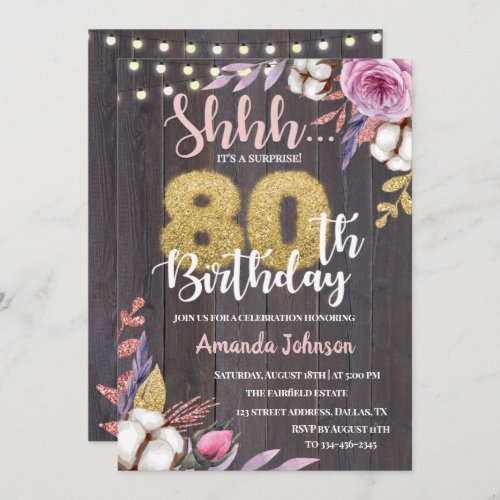 Rustic Wood Floral Cotton 80th Birthday Invitation