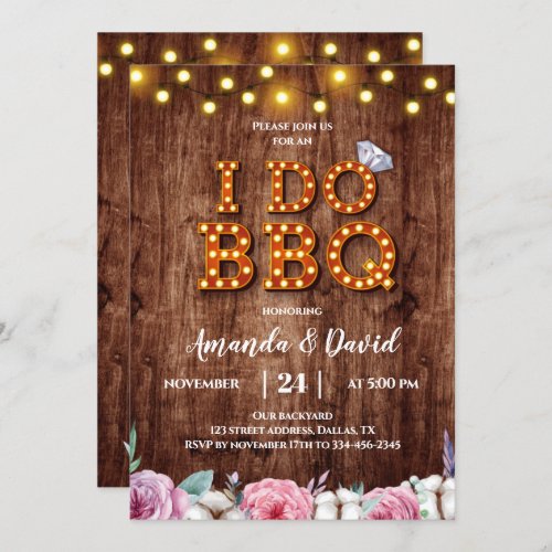 Rustic Wood Floral Cotton I Do BBQ Invitation