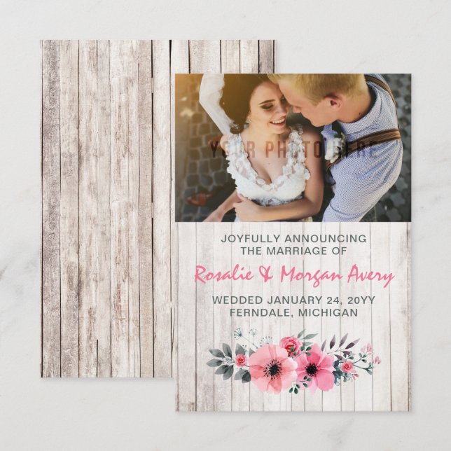 Rustic Wood Floral Country Wedding Announcement (Front/Back)