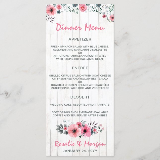 Rustic Wood Floral Country Wedding Dinner Menu (Front)