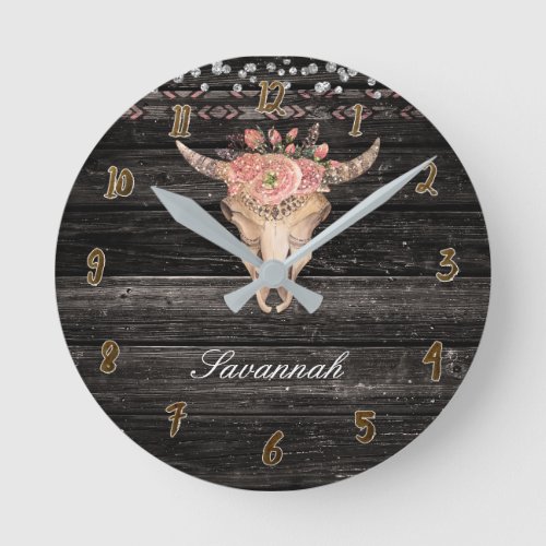 Rustic Wood Floral Cow Skull Horns Floral Boho Round Clock