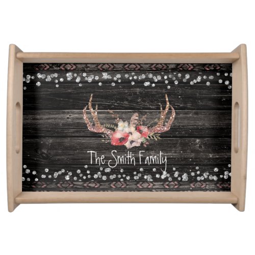 Rustic Wood Floral Deer Antlers Boho Chic Serving Tray