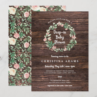 Rustic Wood Floral drop in girl baby shower invite