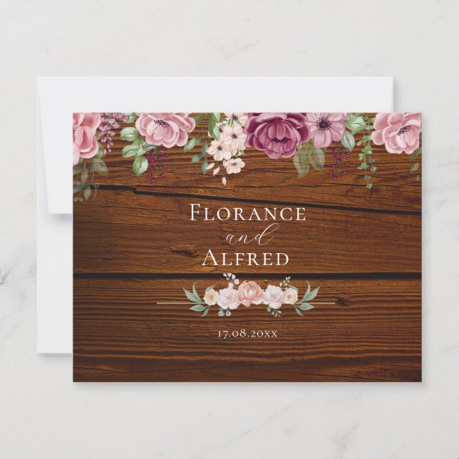 Rustic wood floral elegant white maroon wedding  note card (Front)
