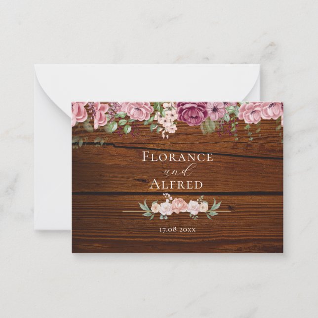 Rustic wood floral elegant white maroon wedding  note card (Front)