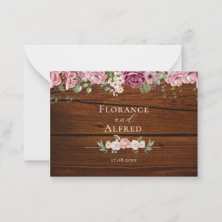Rustic wood floral elegant white maroon wedding note card