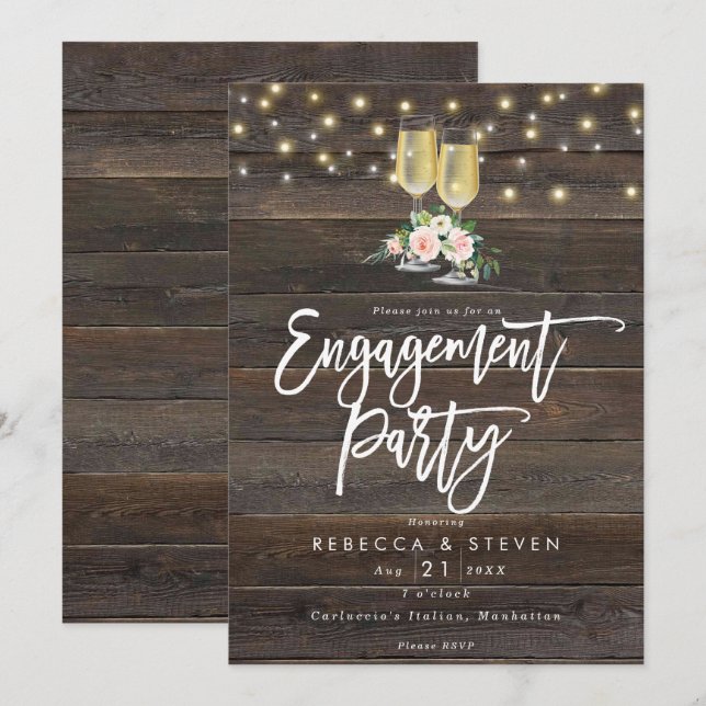 rustic wood floral engagement party invitation (Front/Back)