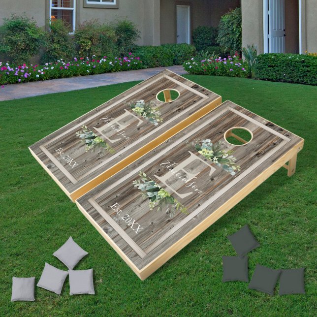 Rustic Wood Floral & Eucalyptus Monogram Cornhole Set (Creator Uploaded)