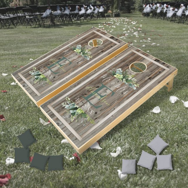 Rustic Wood Floral Eucalyptus Monogram Cornhole Set (Creator Uploaded)