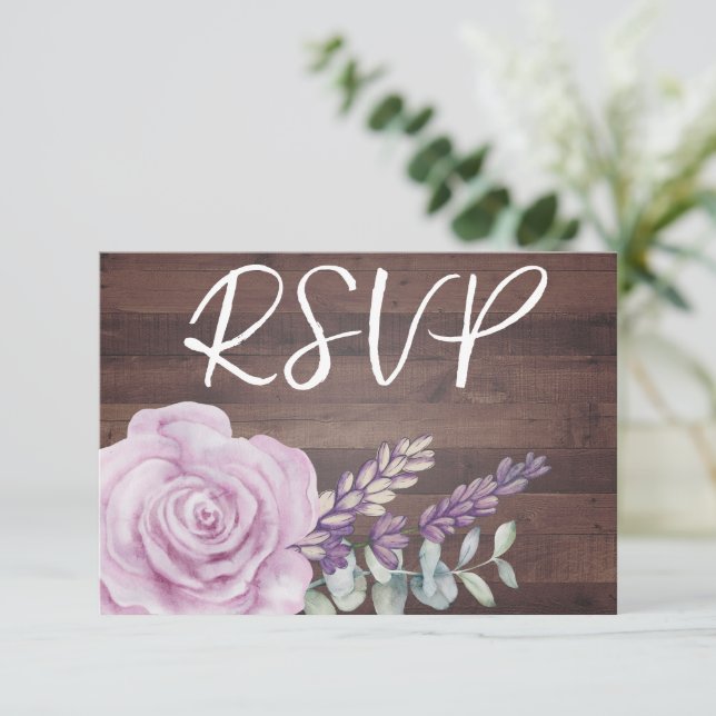 Rustic Wood Floral Eucalyptus Wedding  RSVP Card (Standing Front)