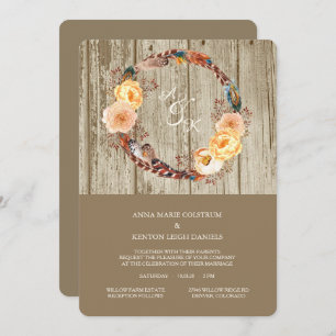 Rustic Wood Floral Feather Wreath Wedding Invitation