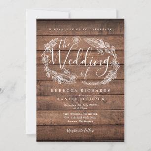 Rustic Wood Floral Garland Script Wedding Invitation