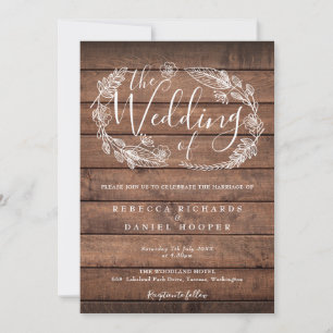 Rustic Wood Floral Garland Script Wedding Invitation