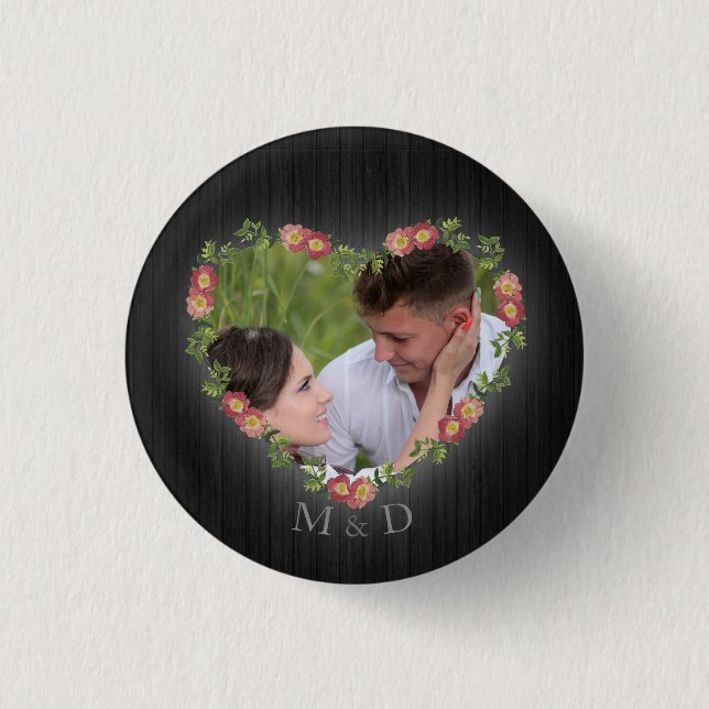 Rustic Wood Floral Heart Custom Photo Button (Front)