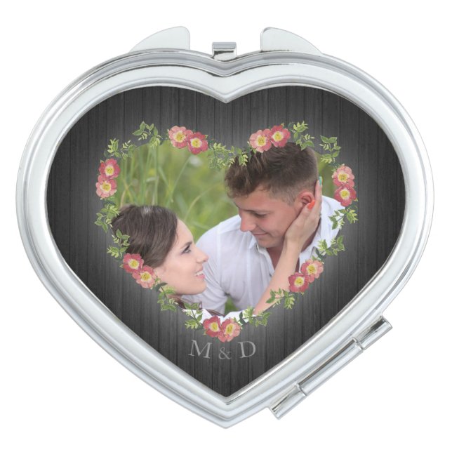 Rustic Wood Floral Heart Custom Photo Compact Mirror (Front)