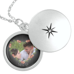 Rustic Wood Floral Heart Custom Photo Locket Necklace