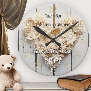 Rustic Wood Floral Heart Mom  Round Clock
