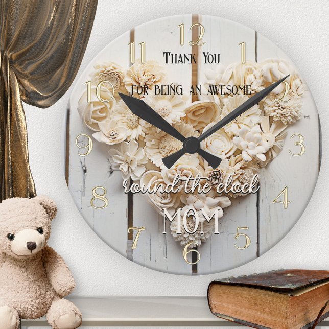 Rustic Wood Floral Heart Mom  Round Clock (Creator Uploaded)