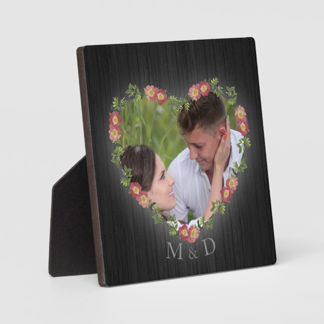 Rustic Wood Floral Heart Photo and Initials Plaque (Front)