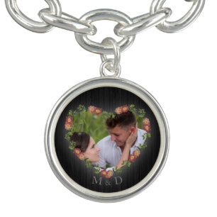 Rustic Wood Floral Heart Photo & Initials Bracelet