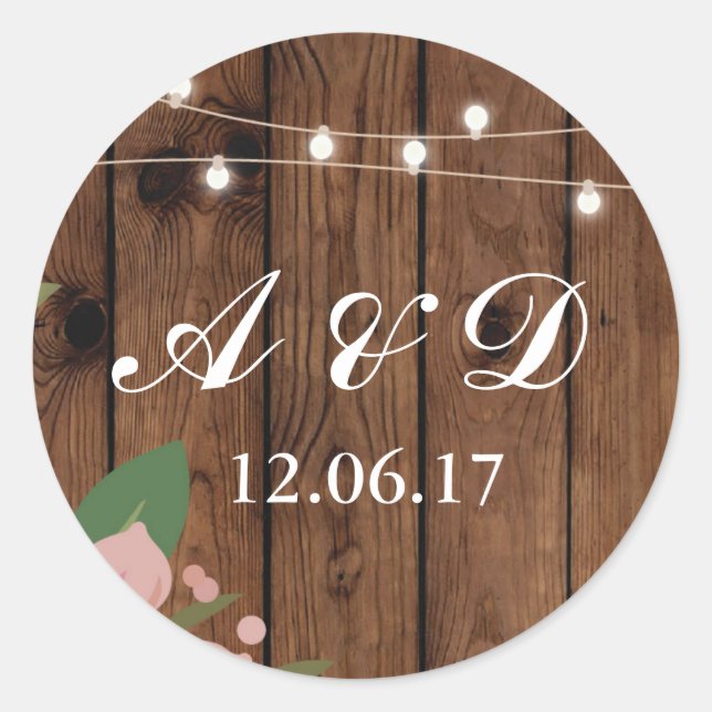 Rustic Wood Floral Initials Lights Stickers Label (Front)