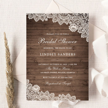 Rustic Wood Floral Lace Bridal Shower Invitation by CheriDesigns at Zazzle
