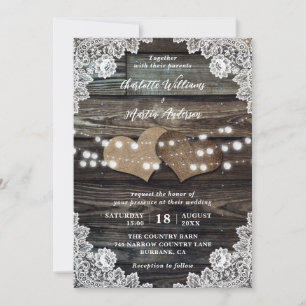 Rustic Wood Floral Lace Burlap Hearts Wedding Invitation