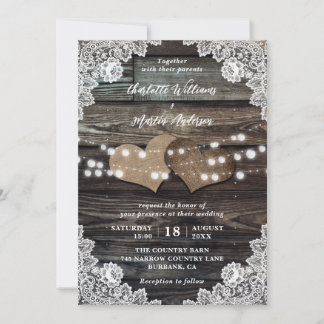 Rustic Wood Floral Lace Burlap Hearts Wedding Invitation