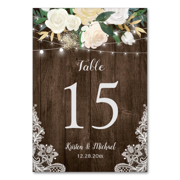 Rustic Wood Floral Lace Chic Wedding Table Number