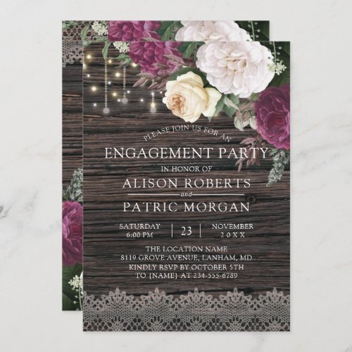 Rustic wood Floral Lace Engagement Party Invitation