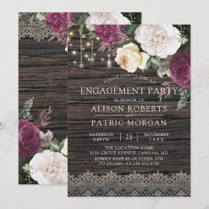 Rustic wood Floral Lace Engagement Party Invitation